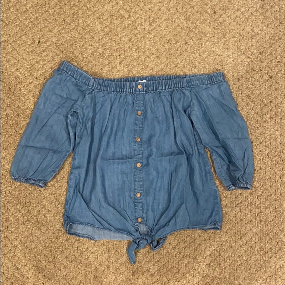 Denim off the shoulder button down top